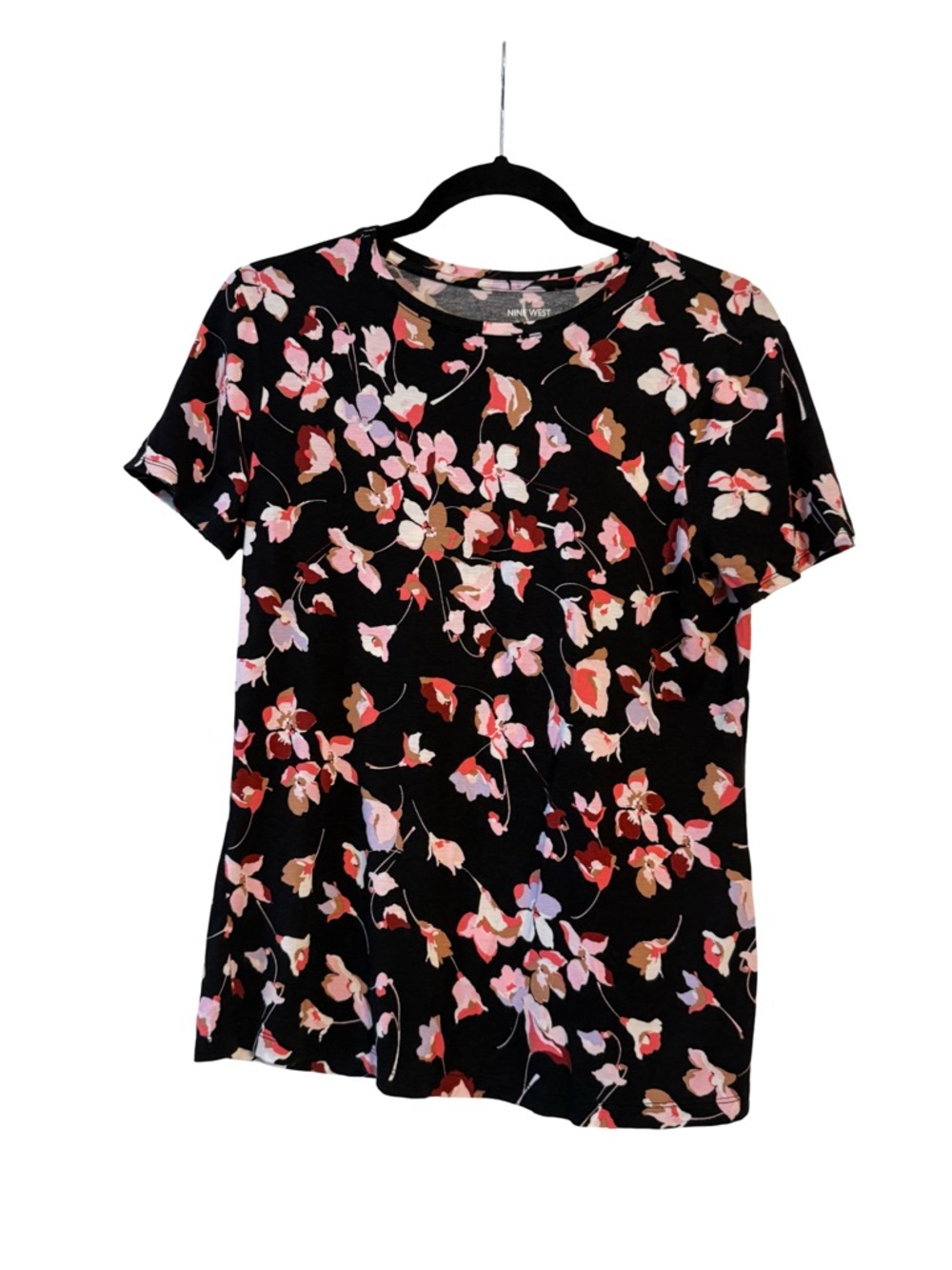 Nine West Black Floral Crewneck Short-Sleeve Tee